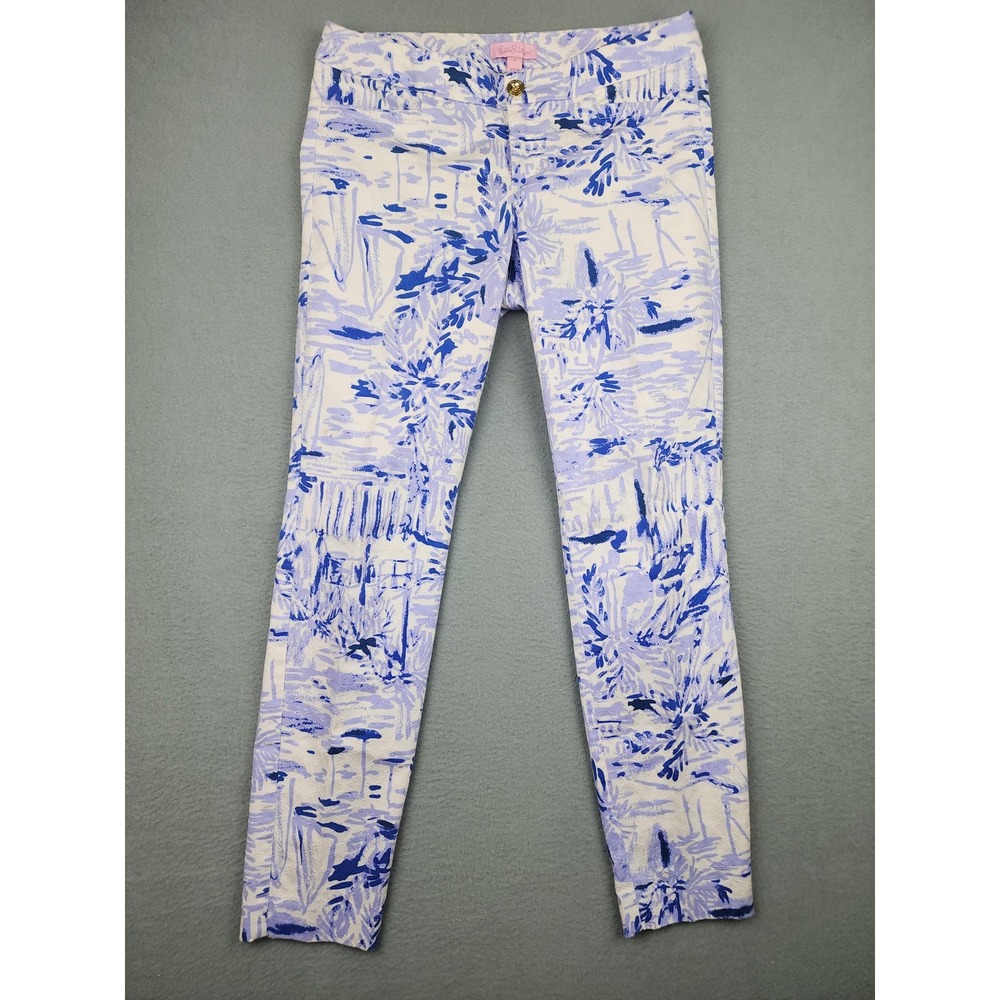 Lilly Pulitzer Pants Womens 2 Blue Floral Ankle Slim Taper Stretch Twill Preppy